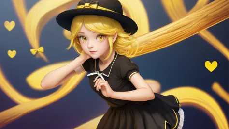 1girl, , , masterpiece, best quality, 10 years old, medium blonde hair, forehead visible bags, yellow eyes, hat, heart, black he...