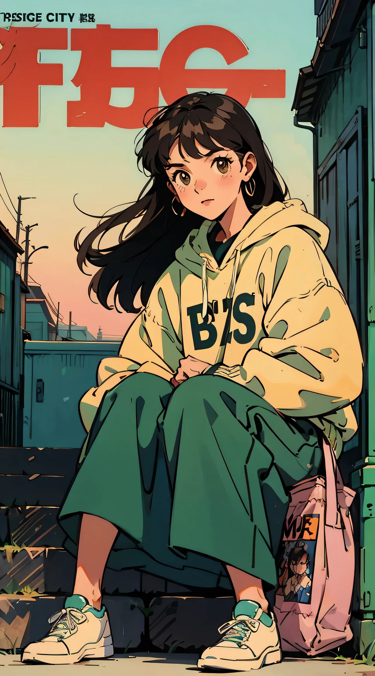 Best image quality, 1980s style animation, 21 year old girl, black hair, long hair, light brown eyes,  With a baggy sweatshirt, magazine cover, whole body , city , posing, With a cute otter doll