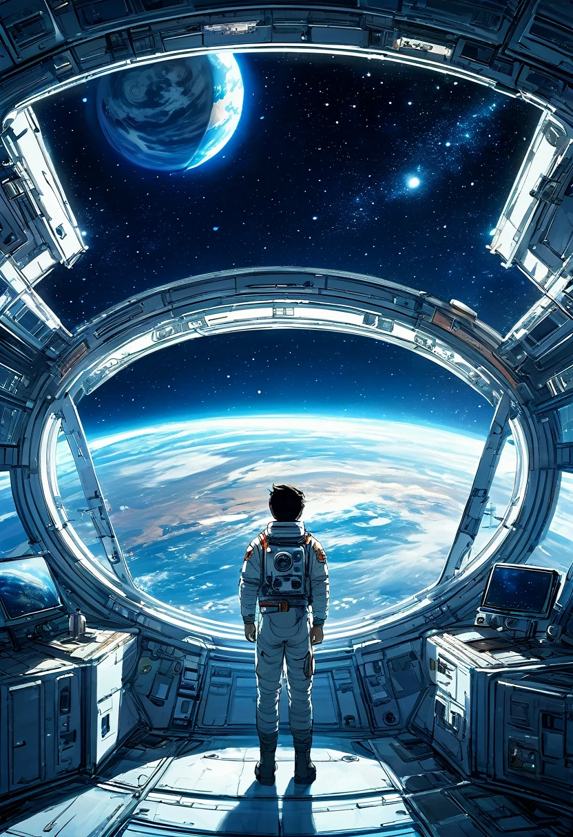 A man standing inside a space station looking out a window, Outside, there is a starry sky and a planet that looks just like Earth.., Background Space Station, Background details