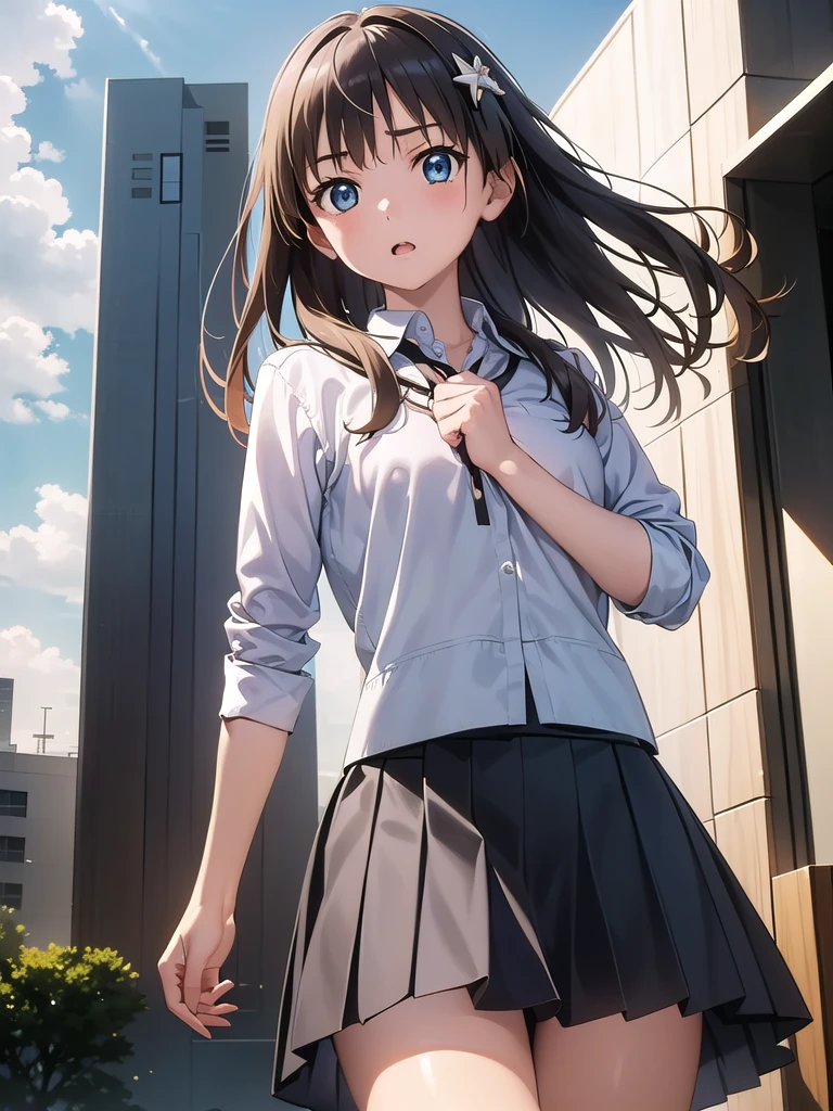 Okay, Saten Ruiko, Black Hair, blue eyes, Long Hair, hair ornaments, Floral decoration,
break blue skirt, pleated skirt, ((ミニskirt:1.5)), Seraphim, skirt, Summer clothes,
break outdoor, city, null, sun, cloud,
break looking at viewer, (Cowboy Shot:1.5),
break (masterpiece:1.2), Highest quality, High resolution, unity 8k wallpaper, (figure:0.8), (Beautiful attention to detail:1.6), Highly detailed face, Perfect lighting, Highly detailed CG, (Perfect hands, Perfect Anatomy), Angle from below, Dutch Angle, Showing panties