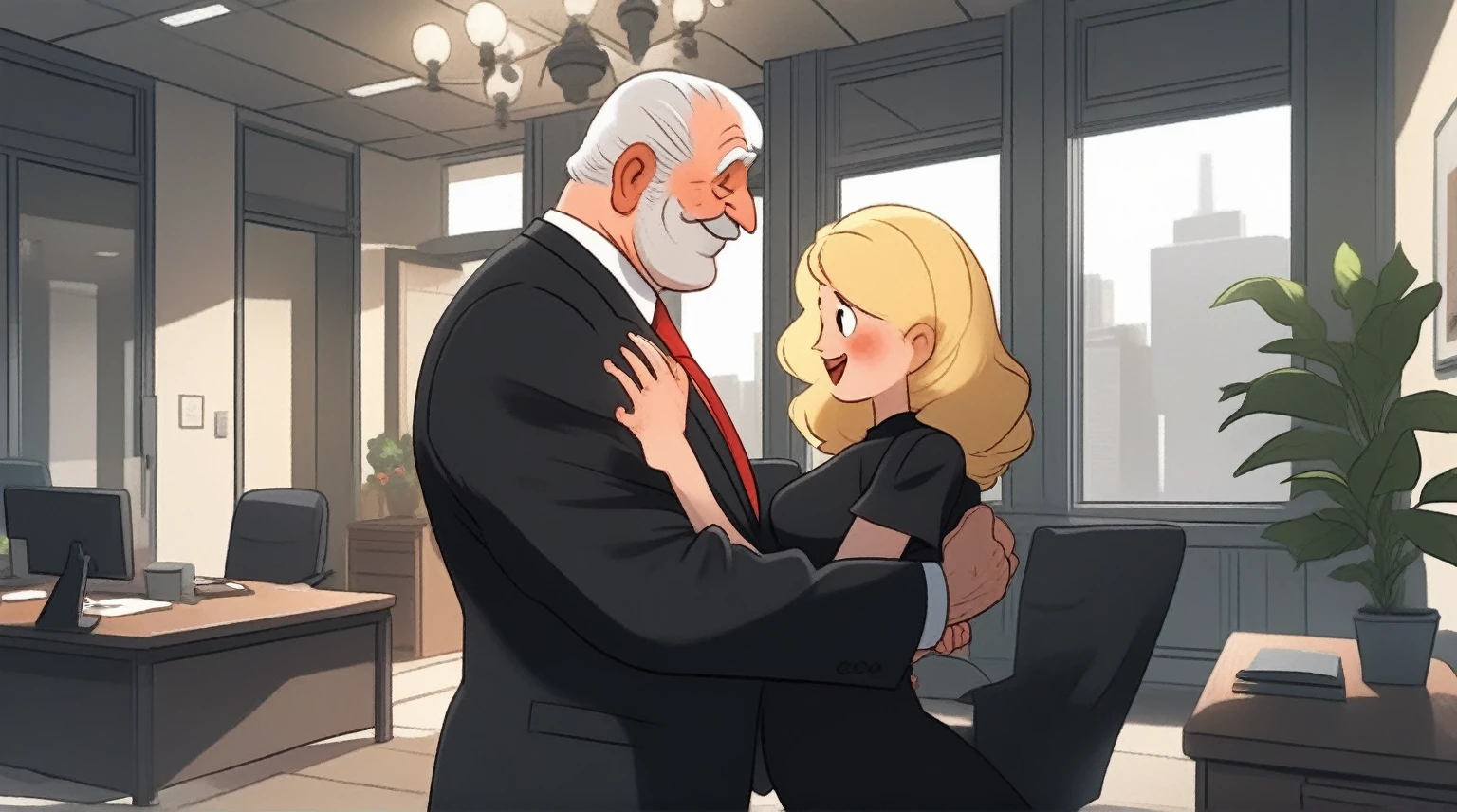  children's picture books,crayon paintings, blushes, 1 old man, fat, mafia boss, in black suite, red tie, side view, dancing with his blond wife, black dress in the office