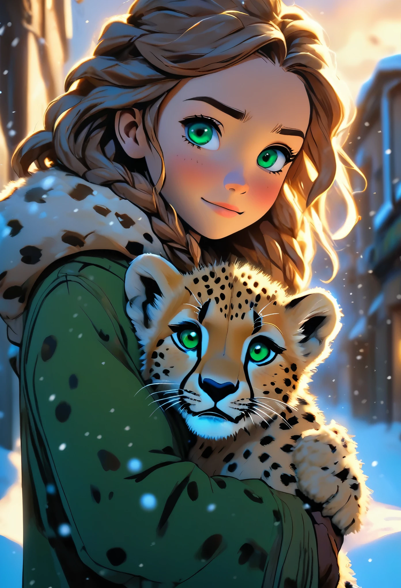 Beautiful hand drawn anime shot. Young happy girl in heavy coat holding a cheetah cub in a hug as she walks through a modern fantasy medievil street in the snow. The cat is a cheetah cub. The girl has has long hair and green eyes. The kitten has blue eyes. Highly detailed sky. Mid day. White sunlight. The cub is looking up at the girl it's back against her. Green eyes girl. Highly detailed. 50mm lens. 8k resolution. Beautiful composition.