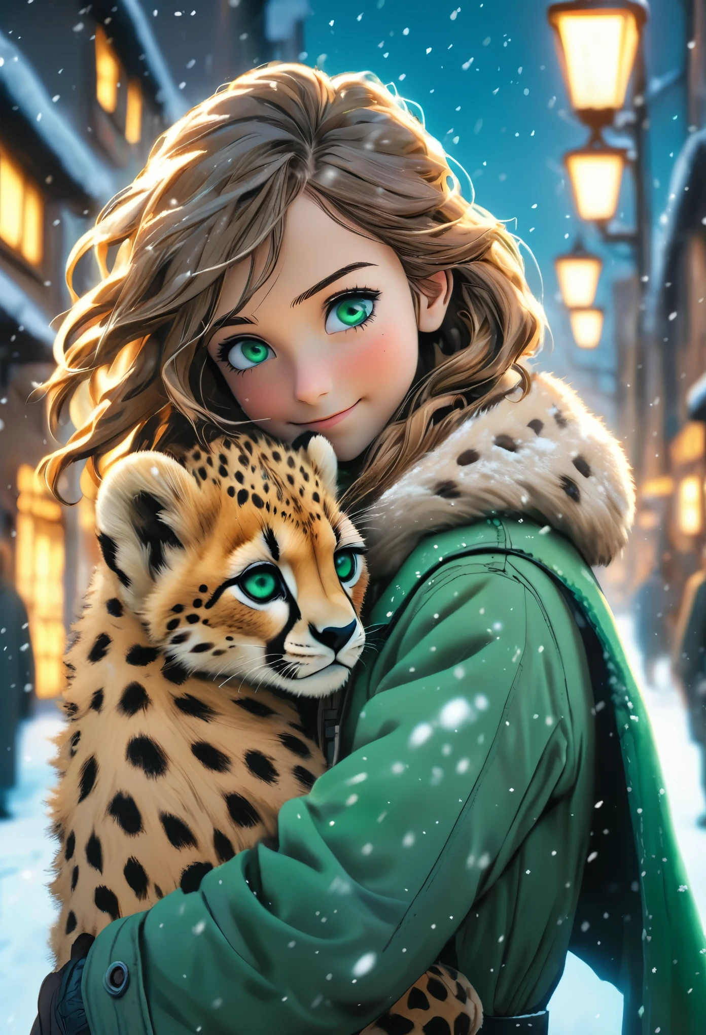 Linda foto de anime desenhada à mão. Jovem feliz com casaco pesado segurando um filhote de chita em um abraço enquanto caminha por uma rua medievil de fantasia moderna na neve. O gato é um filhote de chita. A garota tem cabelos longos e olhos verdes. O gatinho tem olhos azuis. Altamente detalhado sky. meio dia. Luz solar branca. O filhote está olhando para a garota e está de costas para ela. Garota de olhos verdes. Altamente detalhado. Lente de 50 mm. Resolução 8K. bela composição.