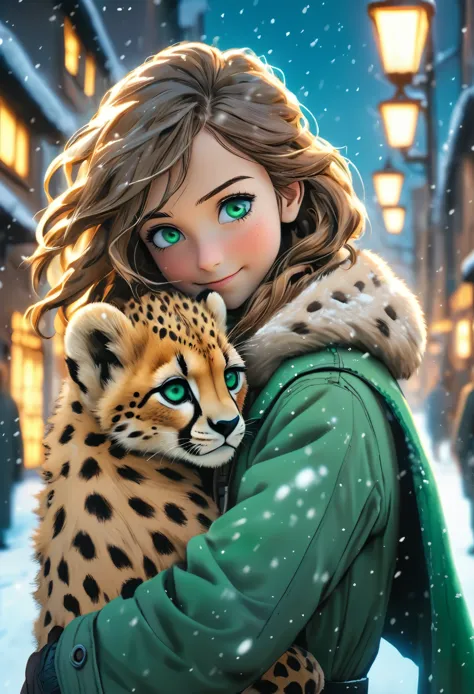 Beautiful hand drawn anime shot. Young happy girl in heavy coat holding a cheetah cub in a hug as she walks through a modern fan...