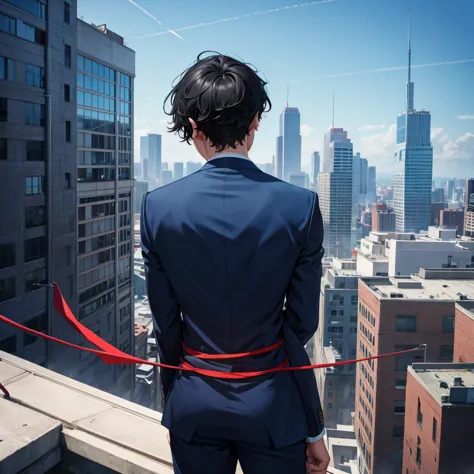 1boy, short black hair, red eyes, wearing all blue suits, on top of a building, high res, ultrasharp, 8k, masterpiece, looking a...