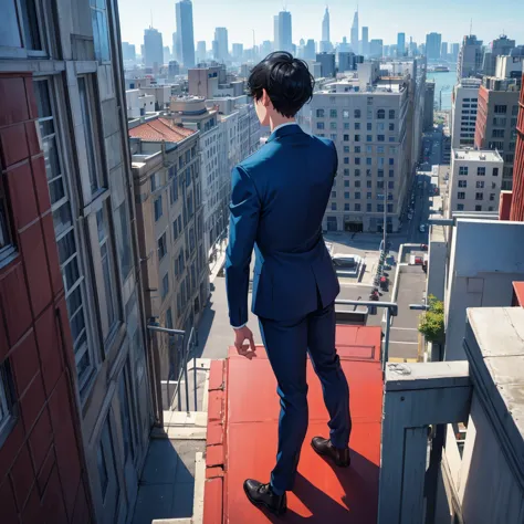 1boy, short black hair, red eyes, wearing all blue suits, on top of a building, high res, ultrasharp, 8k, masterpiece, looking a...