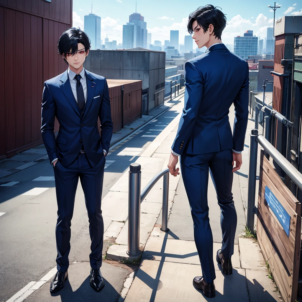 1boy, short black hair, red eyes, wearing all blue suits, on top of a building, high res, ultrasharp, 8k, masterpiece, looking at viewer from behind