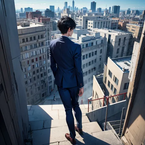 1boy, short black hair, red eyes, wearing all blue suits, on top of a building, high res, ultrasharp, 8k, masterpiece, looking a...
