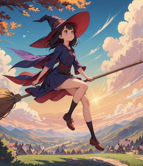 1 girl,kiki,witchの宅急便,perfect face,cute, ((((flying witch))),((ride a broom)),broom flight,straddling the broom,anatomically cor...