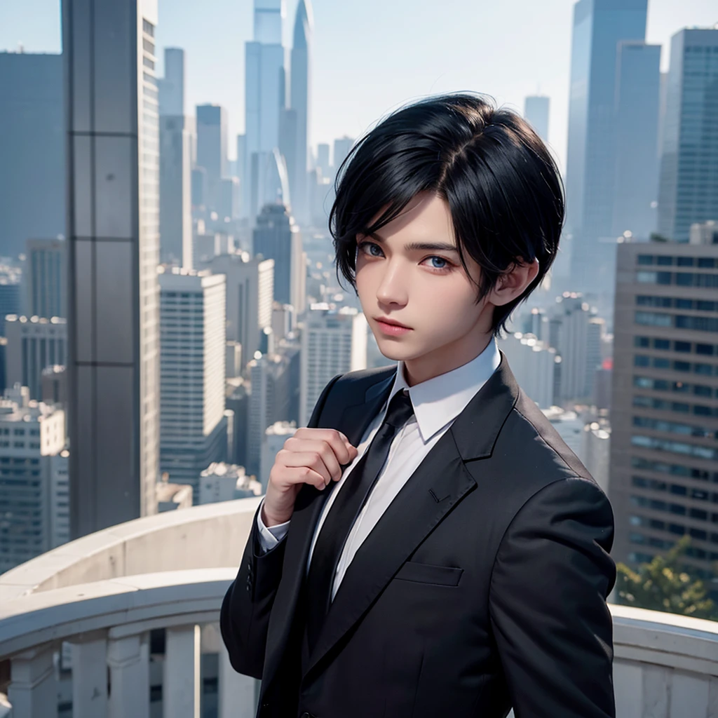 1boy, short black hair, blue eyes, wearing all black suits, on top of a building, high res, ultrasharp, 8k, masterpiece, looking at viewer from behind