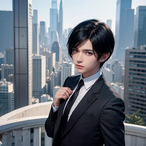 1boy, short black hair, blue eyes, wearing all black suits, on top of a building, high res, ultrasharp, 8k, masterpiece, looking...