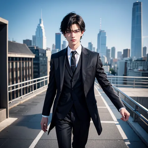 1boy, short black hair, blue eyes, wearing all black suits, on top of a building, high res, ultrasharp, 8k, masterpiece, looking...