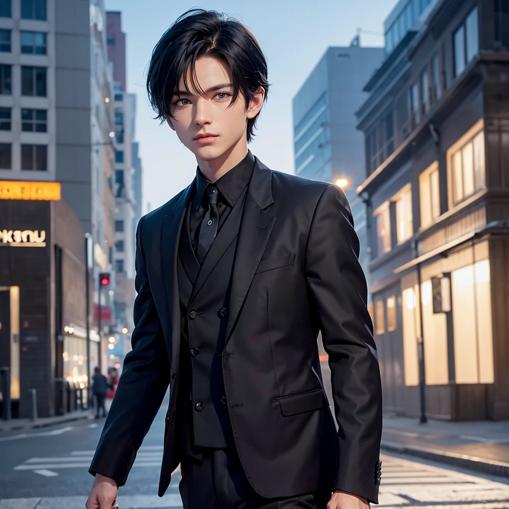 1boy, short black hair, blue eyes, wearing all black suits, on top of a building, high res, ultrasharp, 8k, masterpiece, looking at viewer from behind