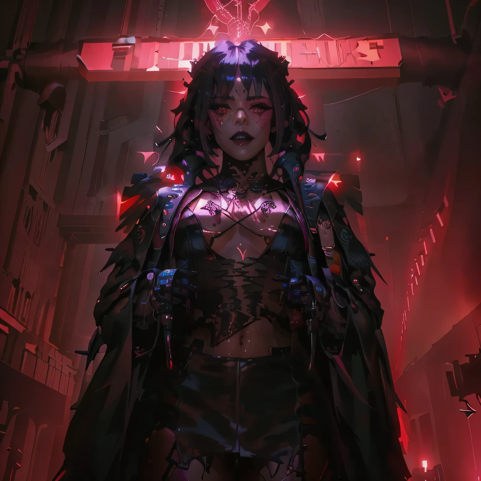 um close-up de uma mulher em um traje de couro na frente de uma cruz, vibrações de terror gótico, obras de arte no estilo de guweiz, estilo de terror cyberpunk, estética de garota gótica, estilo sombrio e de terror, estética gótica, ominous estética gótica, Guweiz, garota gótica coreana cruel, estética gótica, Gótico - Cyberpunk, ilustração cyberpunk escura, por Yang J