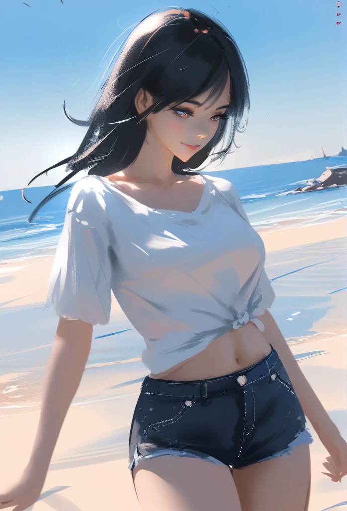 1girl, solo, wlop,
Black hair, gradient eyes, white shirt, short shorts, seductive smile, 
beach, blue sky,
masterpiece, best quality,