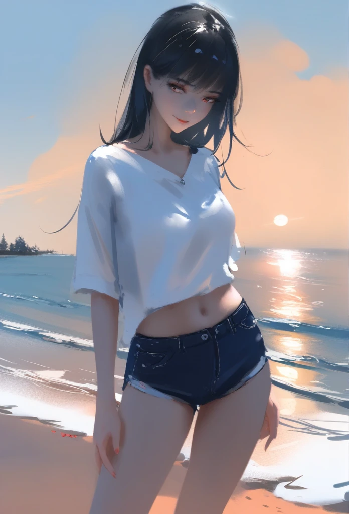 1girl, solo, wlop,
Black hair, gradient eyes, white shirt, short shorts, seductive smile, 
beach, blue sky,
masterpiece, best quality,