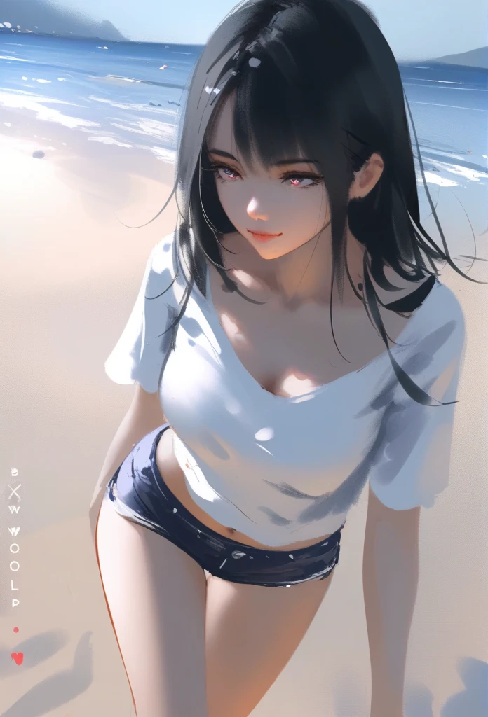 1girl, solo, wlop,
Black hair, gradient eyes, white shirt, short shorts, seductive smile, 
beach, blue sky,
masterpiece, best quality,