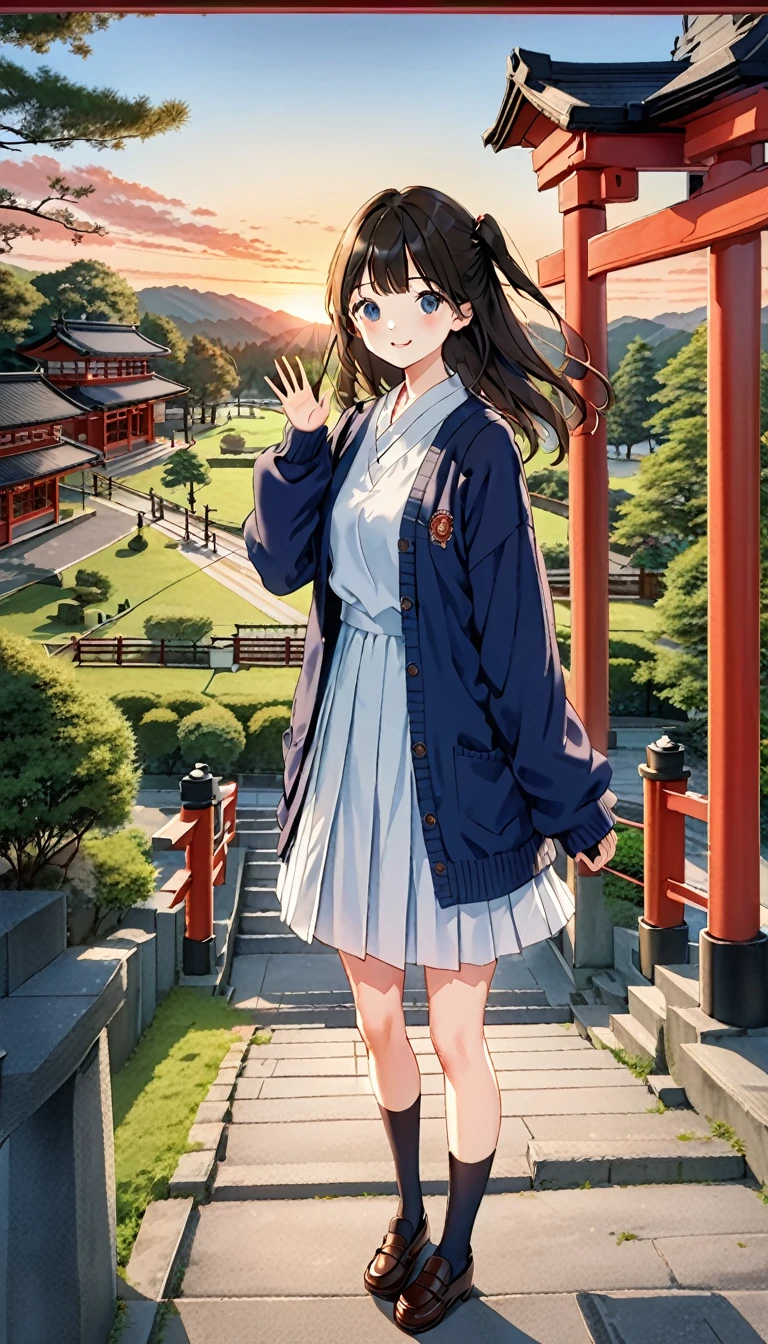 One Girl, (Sunset sky), Standing and waving, School Area, Countryside landscape, scenery, School Cardigan, (Sleeves are longer than the wrist), Powerful loafers, Black ash two side up hair, Blunt bangs, Beautiful dark eyes, Black knee socks, Cinema Lighting, Upper Body, :3,Long staircase、torii、A prestigious shrine