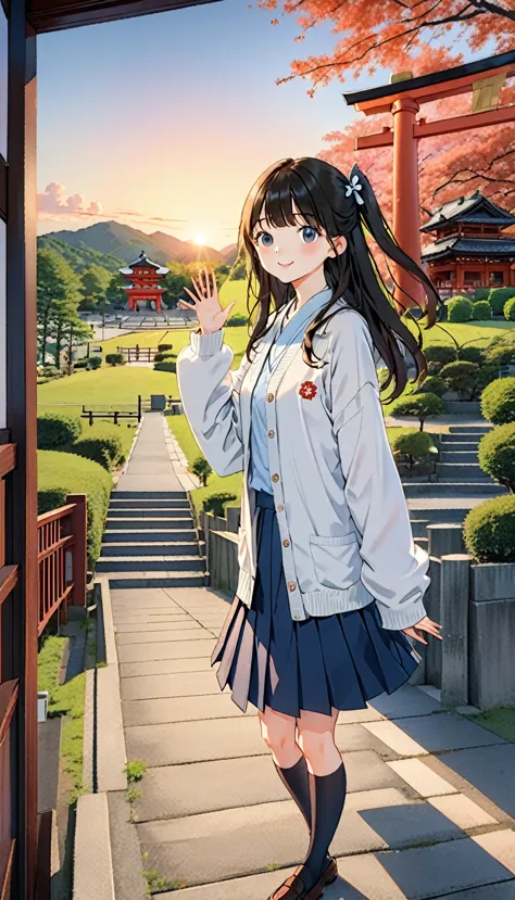 One Girl, (Sunset sky), Standing and waving, School Area, Countryside landscape, scenery, School Cardigan, (Sleeves are longer t...