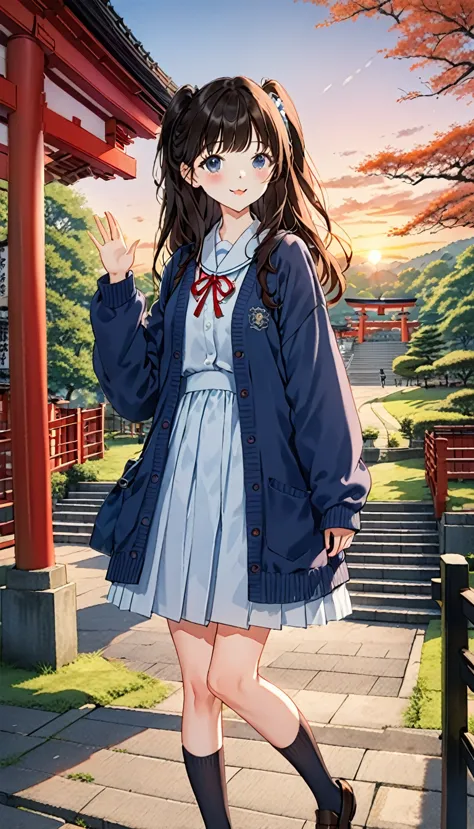 One Girl, (Sunset sky), Standing and waving, School Area, Countryside landscape, scenery, School Cardigan, (Sleeves are longer t...