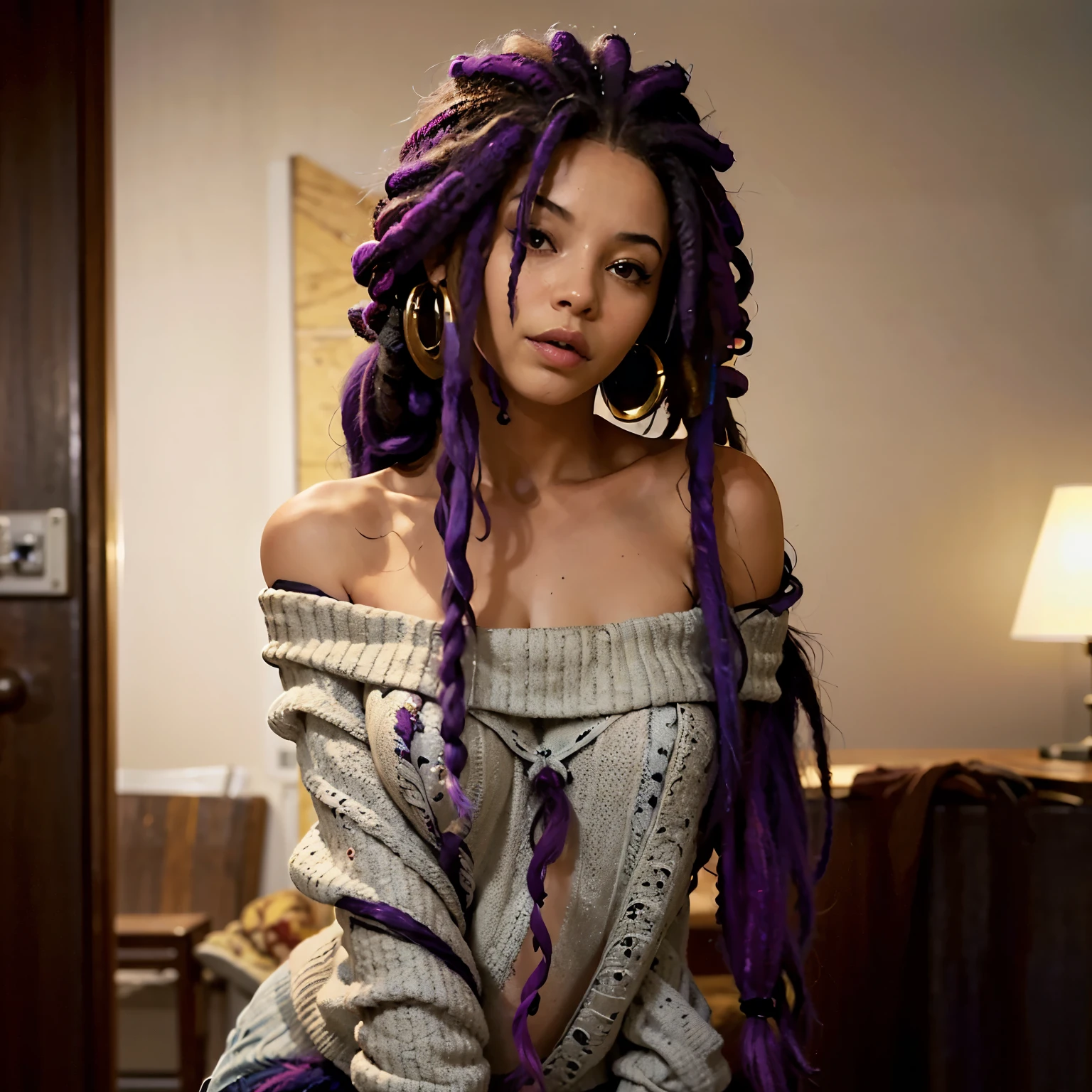 Arafed woman with purple dreads sitting on a bed - SeaArt AI