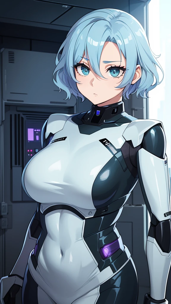  a sexy elite girl, beautiful, tall, wavy light blue hair, short cut, short forehead, her soft green eye, purple eyelashes, she wears a robotic metallic top, a military ship&#39;s aerial suit and pants, a gray military aerial suit&#39;s armor, black gloves, her hand, her back, her elite wing position. 