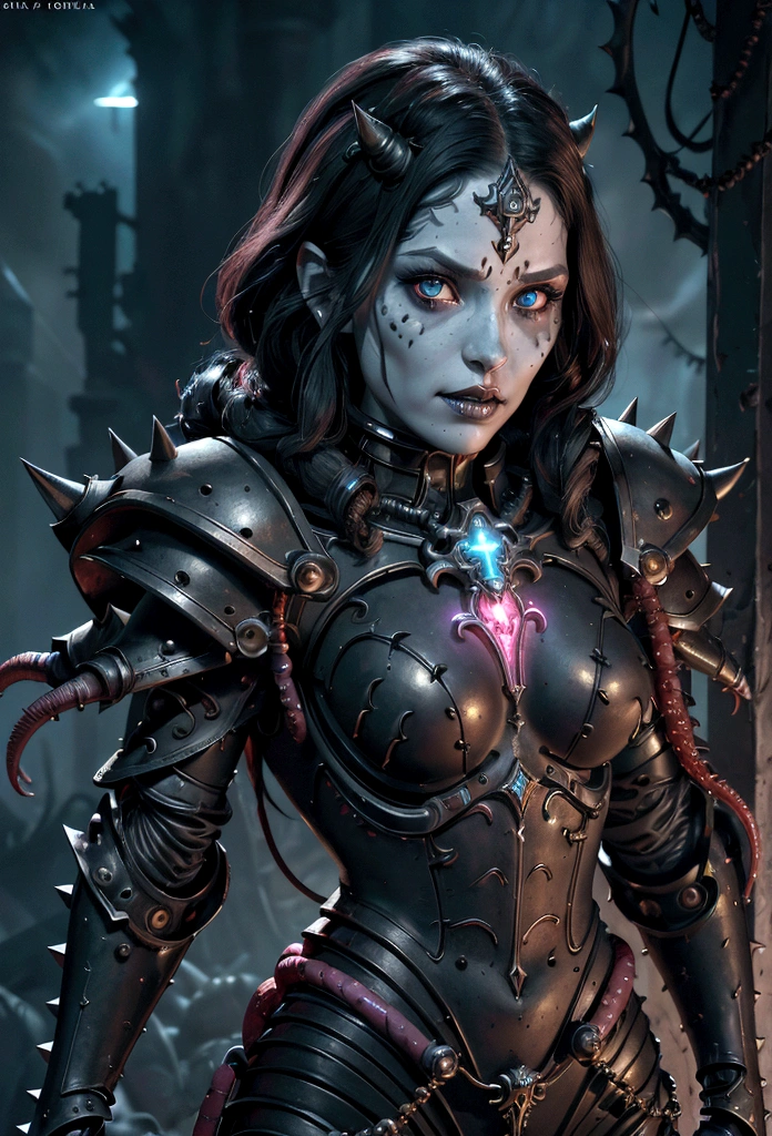 a gorgeous adepta sororitas from the movie tron, glowing skull armor, spikes, teeth, monster, dirty tentacles, pus pimples, cracked truenurgle, detailed face and eyes, beautiful lips, extremely detailed, 1girl, oil painting, concept art, dark fantasy, cinematic lighting, dramatic shadows, vibrant colors, moody atmosphere, hyper detailed, 8k, photorealistic
