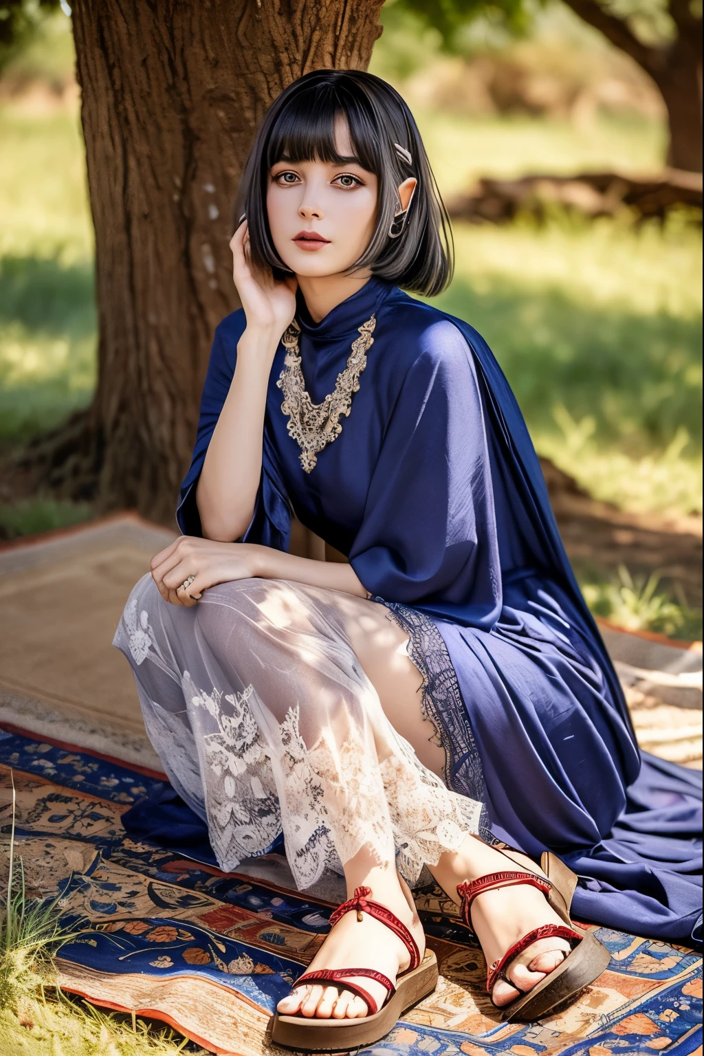 (Ultra-detailed face, looking away), (Fantasy Illustration with Gothic & Ukiyo-e & Comic Art), BREAK (1woman, 1animal:1.3), (A middle-aged dark elf woman with gray hair, blunt bangs, Very Very long disheveled hair, and dark purple skin, lavender eyes), (EdobCheetah:She is sitting on a rush mat in the shade of a scorching savanna tree, frolicking with a lone cheetah in a daring pose:1.2), BREAK (She wears a white linen garabia with red lace and silver ruffles, and blue-colored cotton sandals), BREAK (In the background is a desolate savanna lit by twinkling stars and a red moon)