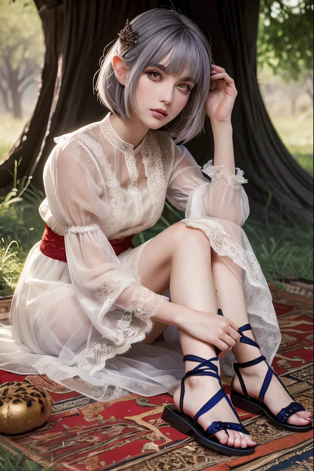 (Ultra-detailed face, looking away), (Fantasy Illustration with Gothic & Ukiyo-e & Comic Art), BREAK (1woman, 1animal:1.3), (A middle-aged dark elf woman with gray hair, blunt bangs, Very Very long disheveled hair, and dark purple skin, lavender eyes), (EdobCheetah:She is sitting on a rush mat in the shade of a scorching savanna tree, frolicking with a lone cheetah in a daring pose:1.2), BREAK (She wears a white linen garabia with red lace and silver ruffles, and blue-colored cotton sandals), BREAK (In the background is a desolate savanna lit by twinkling stars and a red moon)