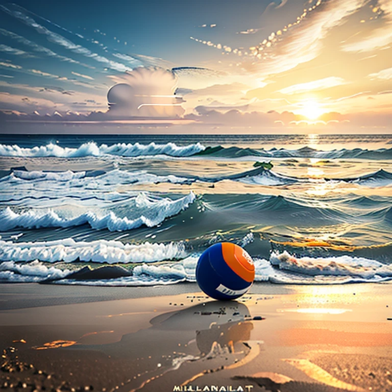 Una pelota de voleibol en una playa plana.，El mar a lo lejos，Gran sol naranja en el cielo azul