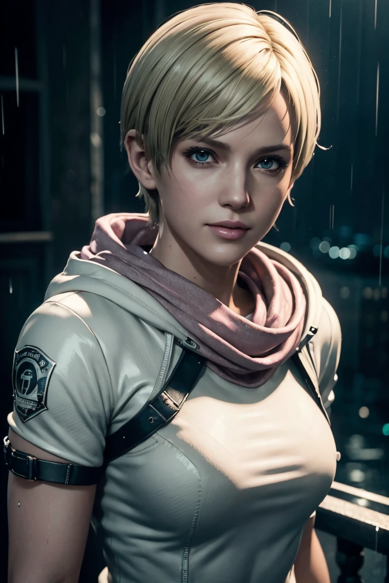 Resident Evil 6,Shelley,Short Hair,Blonde Hair,White hoodie,Cold protection,neck warmer,Photorealistic,Ultra HD,high quality,masterpiece,Digital SLR,Detailed details,Intricate details,Anatomical basis,Depicted in detail,A detailed face,Realistic skin texture,Vivid details,Perfect Anatomy,Perfect Anatomy,Anatomically correct hand,Anatomically correct fingers,Super Detail,Complex 3D rendering,Sexy pose,Rainy Sky,Beautiful scenery,Fantastic rainy sky,Picturesque,Pink Lips,smile,