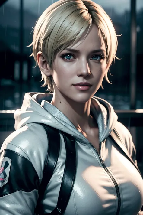 resident evil 6,shelley,short hair,blonde hair,white hoodie,cold protection,neck warmer,photorealistic,ultra hd,high quality,mas...