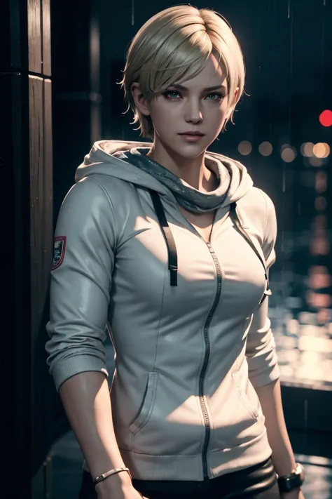 Resident Evil 6,Shelley,Short Hair,Blonde Hair,White hoodie,Cold protection,neck warmer,Photorealistic,Ultra HD,high quality,mas...