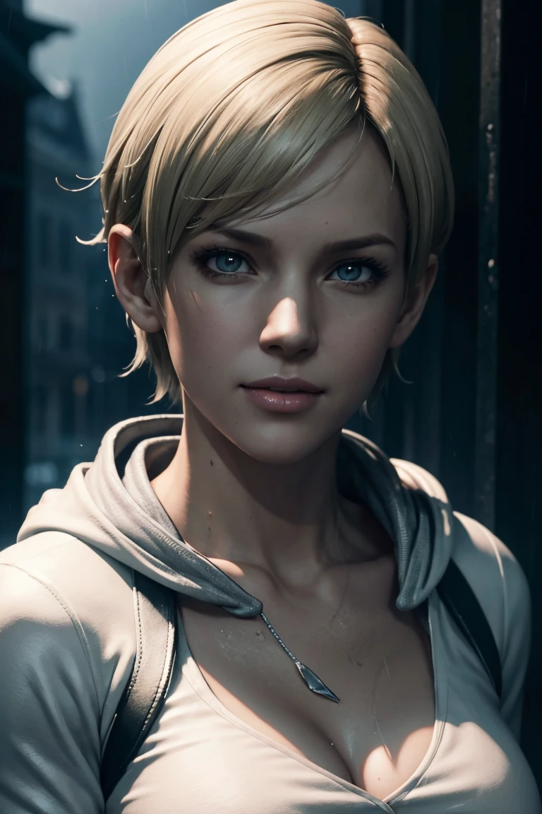 Resident Evil 6,Shelley,Short Hair,Blonde Hair,White hoodie,Cold protection,neck warmer,Photorealistic,Ultra HD,high quality,masterpiece,Digital SLR,Detailed details,Intricate details,Anatomical basis,Depicted in detail,A detailed face,Realistic skin texture,Vivid details,Perfect Anatomy,Perfect Anatomy,Anatomically correct hand,Anatomically correct fingers,Super Detail,Complex 3D rendering,Sexy pose,Rainy Sky,Beautiful scenery,Fantastic rainy sky,Picturesque,Pink Lips,smile,