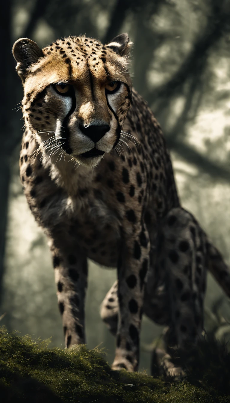 cheetah, a fast and murderous machine, hyper-realistic 8k, detailed fur texture, glowing eyes, sharp teeth, dynamic pose, powerful muscles, photorealistic, cinematic lighting, dramatic shadows, vibrant colors, nature environment, lush jungle, depth of field, masterpiece