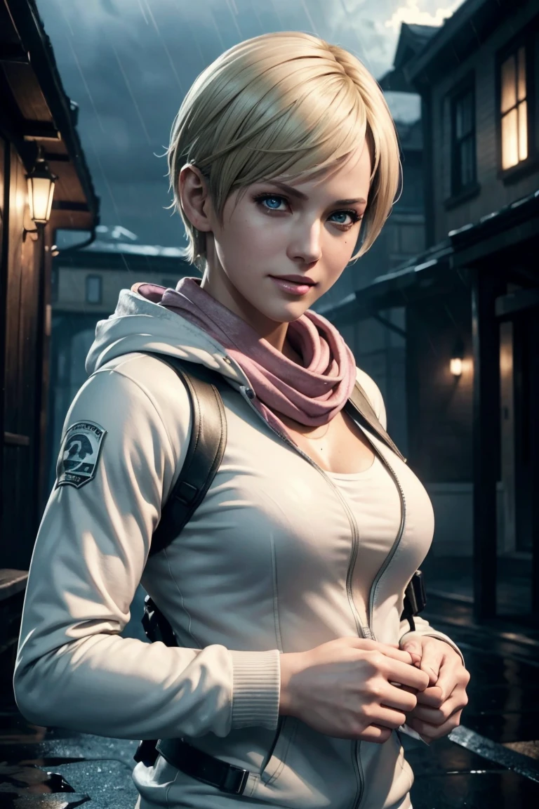 Resident Evil 6,Shelley,Short Hair,Blonde Hair,White hoodie,Cold protection,neck warmer,Photorealistic,Ultra HD,high quality,masterpiece,Digital SLR,Detailed details,Intricate details,Anatomical basis,Depicted in detail,A detailed face,Realistic skin texture,Vivid details,Perfect Anatomy,Perfect Anatomy,Anatomically correct hand,Anatomically correct fingers,Super Detail,Complex 3D rendering,Sexy pose,Rainy Sky,Beautiful scenery,Fantastic rainy sky,Picturesque,Pink Lips,smile,