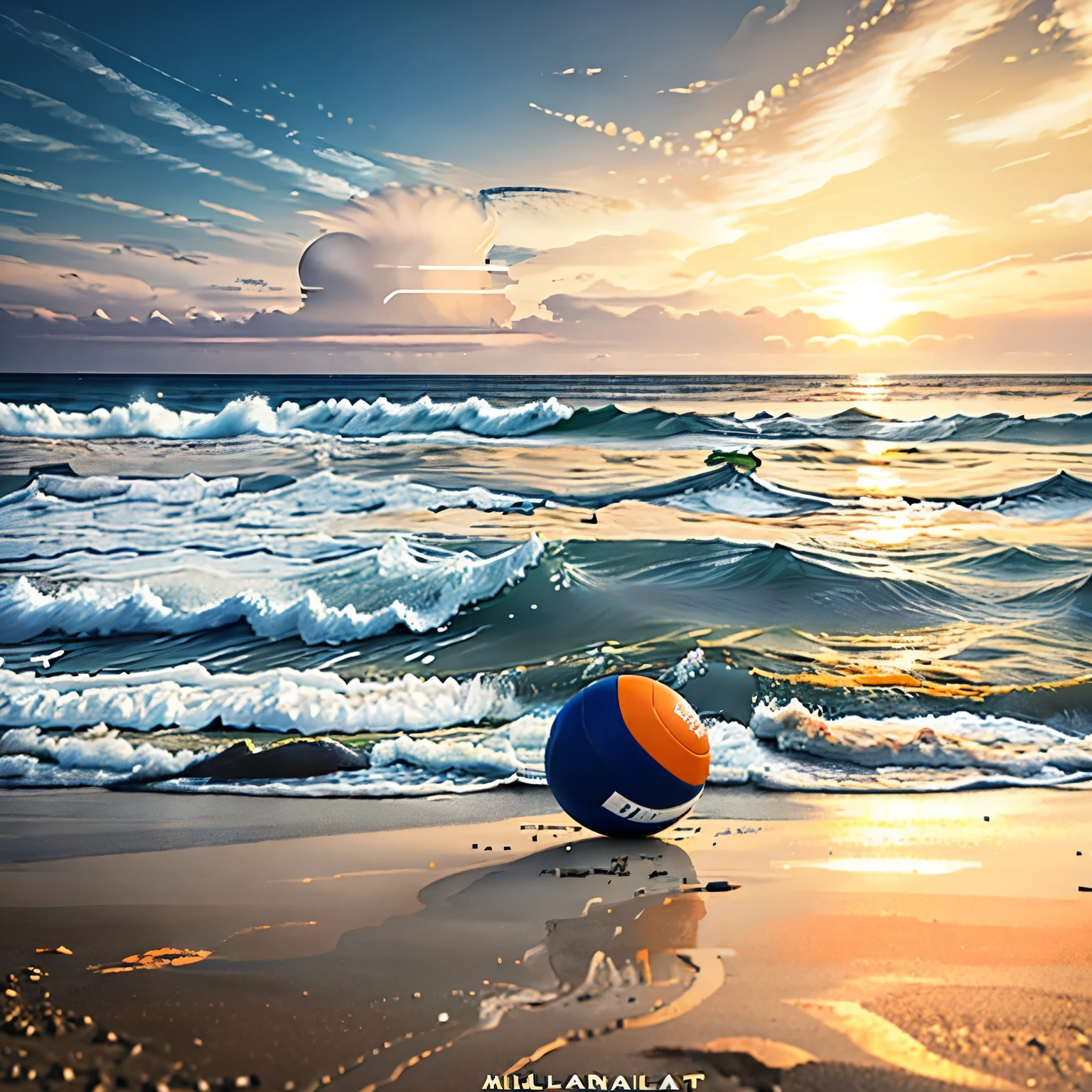 Ein Volleyball auf einem flachen Strand，Das Meer in der Ferne，Große orange Sonne am blauen Himmel