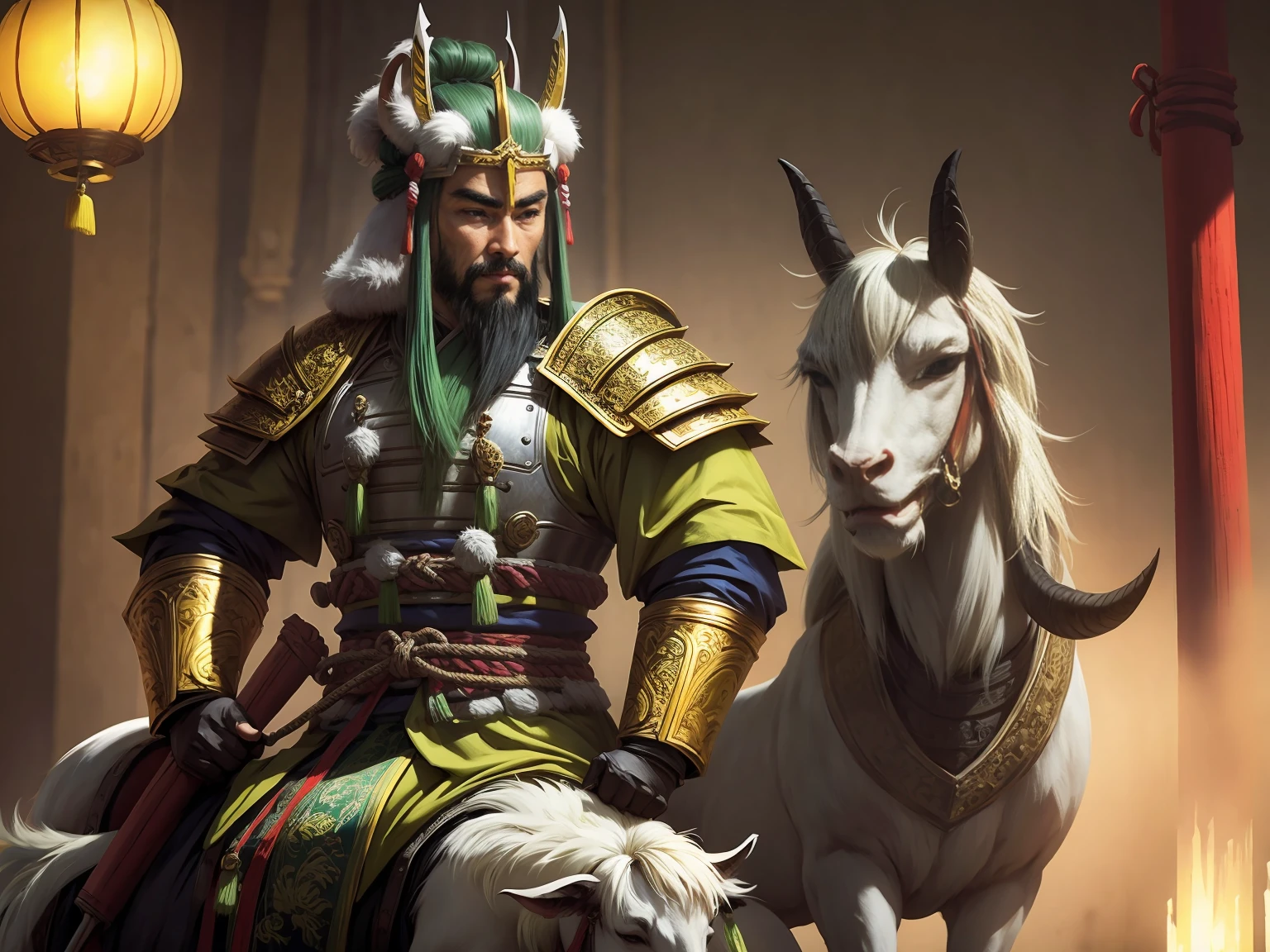 Full-length portrait of Chinese Liu Bei. His appearance is goat's beard, soft and charismatic. His topknot and light green armor unique to ancient China.