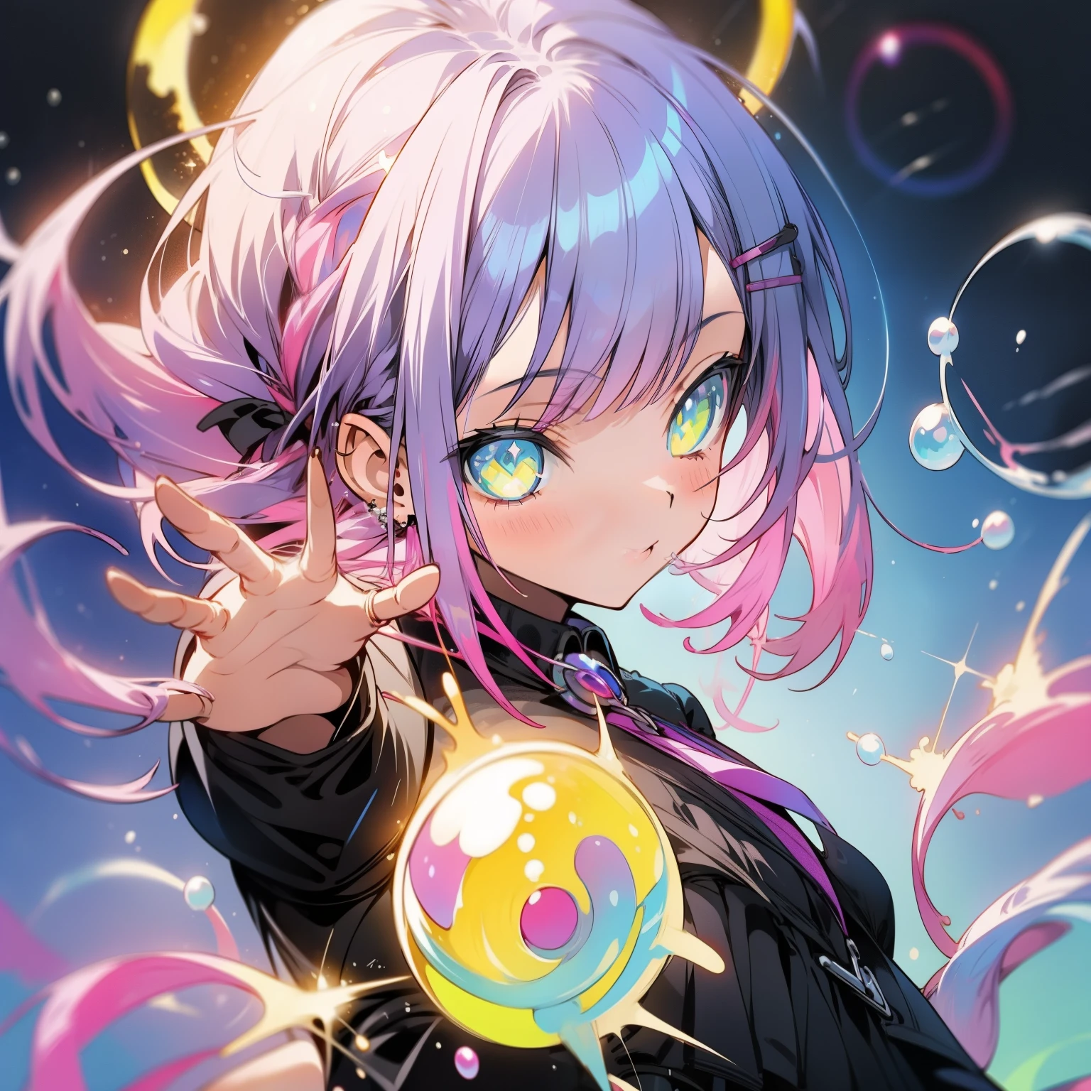 a girl, color blast, bubbles, sparkling orbs, pops, aurora, midnight, sky, gothic