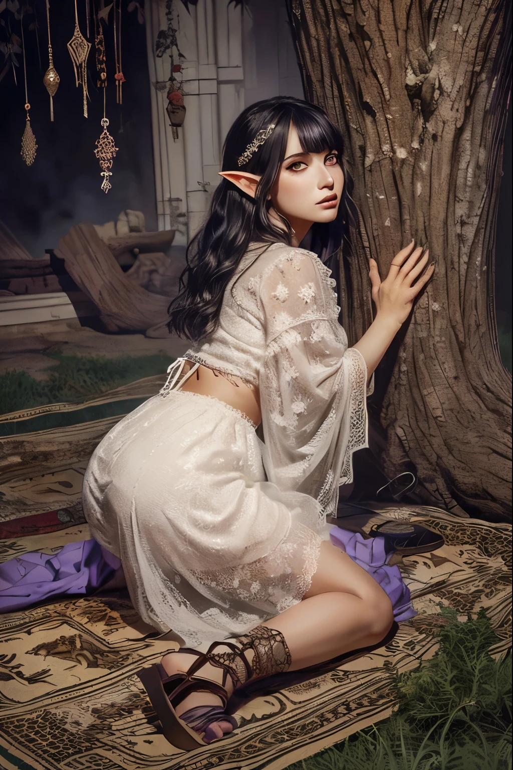 (Ultra-detailed face, looking away), (Fantasy Illustration with Gothic & Ukiyo-e & Comic Art), (1woman, 1cheetah:1.3), (A middle-aged dark elf woman with gray hair, blunt bangs, Very Very long disheveled hair, and dark purple skin, lavender eyes), (EdobCheetah:She is sitting on a rush mat in the shade of a scorching savanna tree, frolicking with a lone cheetah in a daring pose), BREAK (She wears a white linen garabia with red lace and silver ruffles, and blue-colored cotton sandals), BREAK (In the background is a desolate savanna lit by twinkling stars and a red moon)