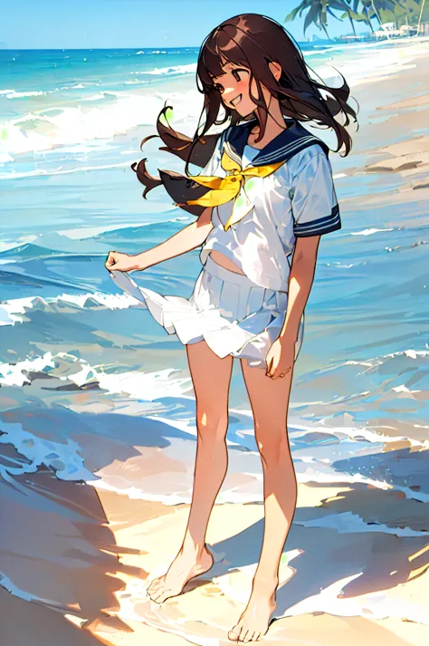 ((masterpiece, best quality, realistic transparent water, standing solo  saying come here in the beach)), (bare legs, bare foots...
