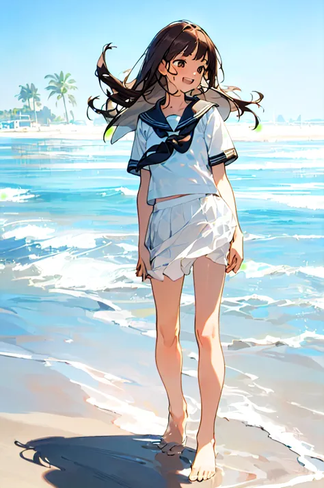 ((masterpiece, best quality, realistic transparent water, standing solo  saying come here in the beach)), (bare legs, bare foots...