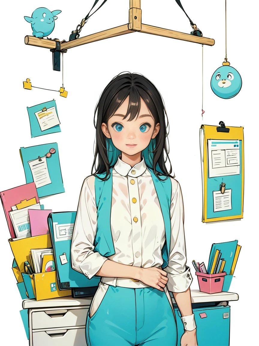 Ein Mädchen in einem weißen Hemd und einer blauen Weste,Hose,stehen,Arbeiten im Büro,lange Haare,lächeln,einfacher Hintergrund