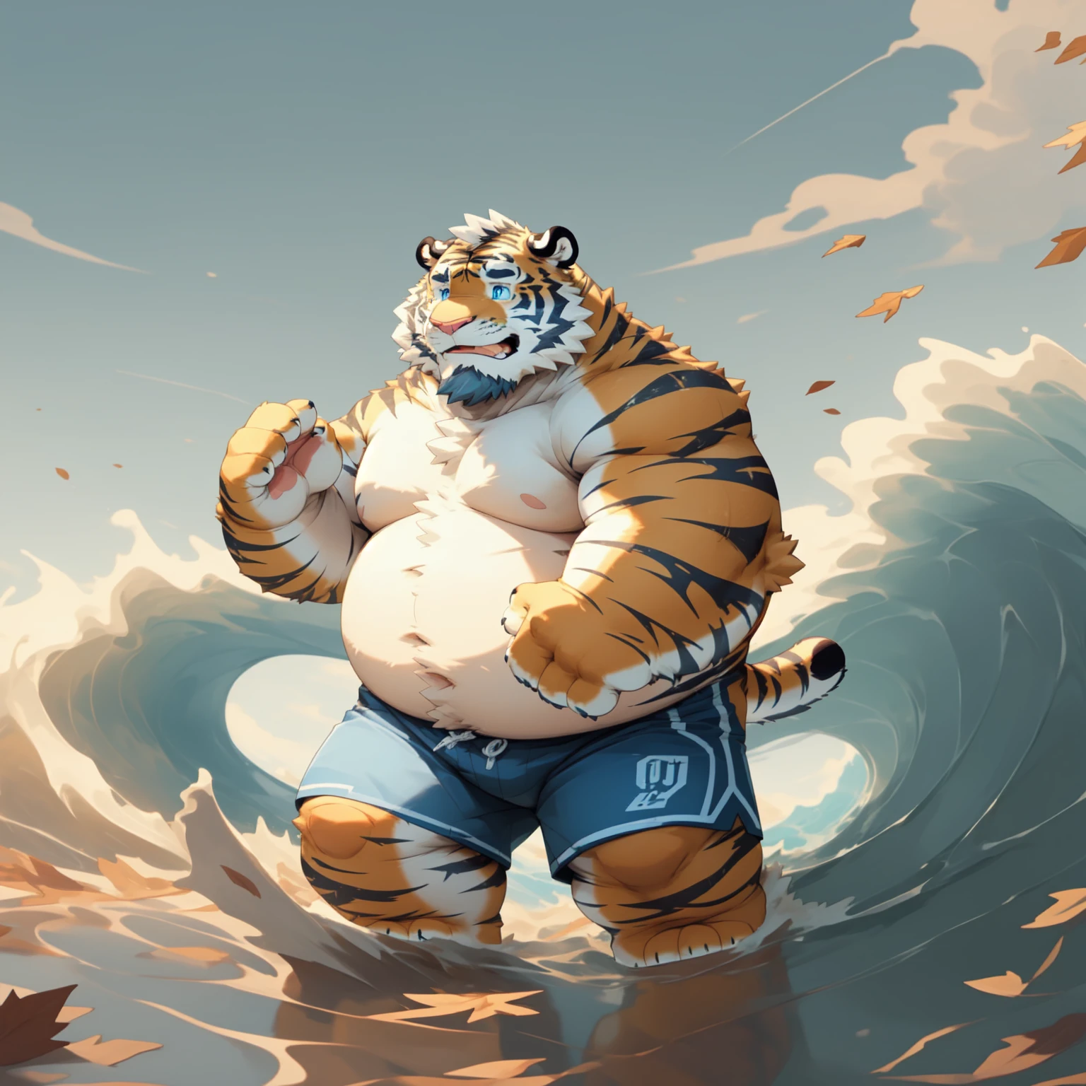 New Jersey 5 Furry,Tiger,Solitary,Chubby,Fat,Thick arms,Rugged muscles,shorts,orange Plush fur,Chubby Face,Black eyebrows,Sky blue eyes,Beard, （topless,short）,grassland，wave，Fallen Leaves