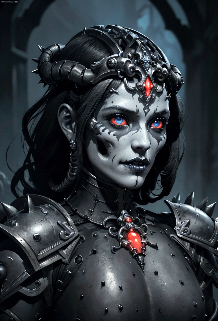 a gorgeous adepta sororitas from the movie tron, glowing skull armor, spikes, teeth, monster, dirty tentacles, pus pimples, cracked truenurgle, detailed face and eyes, beautiful lips, extremely detailed, 1girl, oil painting, concept art, dark fantasy, cinematic lighting, dramatic shadows, vibrant colors, moody atmosphere, hyper detailed, 8k, photorealistic
