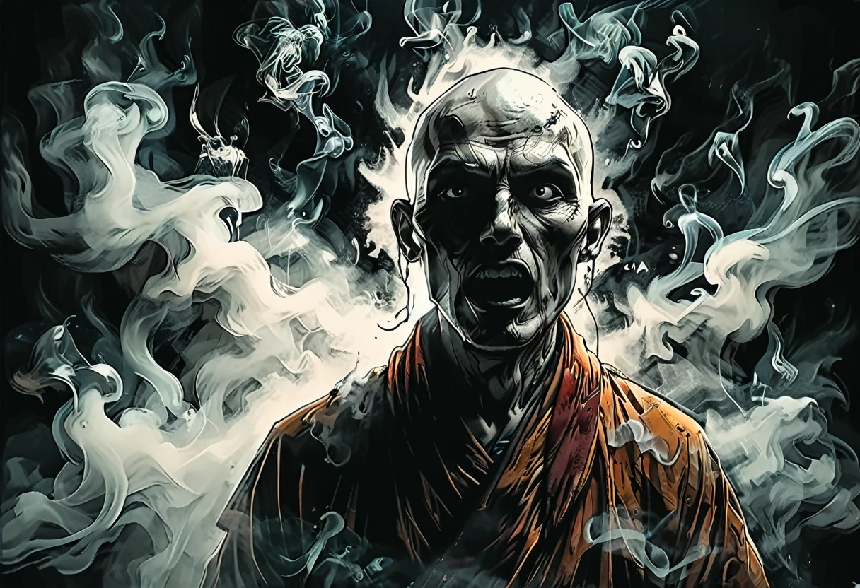 close up portrait many ghosts of Buddhist monks, without faces, shadows, night, jungle, smoke, fog, opened mouth, (bald),

 
graphic style of novel comics,  2d, 8k, hyperrealism, masterpiece, high resolution, best quality, ultra-detailed, super realistic, Hyperrealistic art, high-quality, ultra high res, highest detailed, lot of details, Extremely high-resolution details, incredibly lifelike, colourful, soft cinematic light,