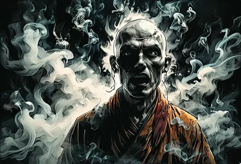 close up portrait many ghosts of Buddhist monks, without faces, shadows, night, jungle, smoke, fog, opened mouth, (bald),

 
gra...