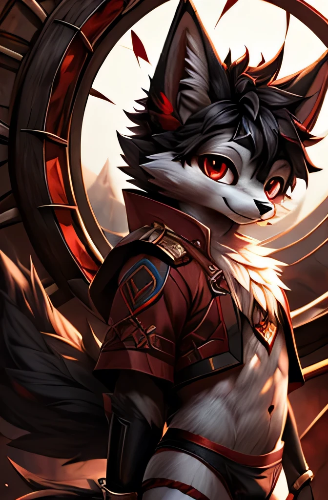 Rystal, Star Fox, Male,Dark emerald hair， (detailed), fluffy, Solo, Meticulous and realistic, delicate eyes, ( The pupil of the Eye of the Blood Wheel), (( Black and red eyes)), Excellent quality, high detail, detailed fur, ((The tail is in the right position) ，He wears a pair of small white briefs， stand，Flirting
