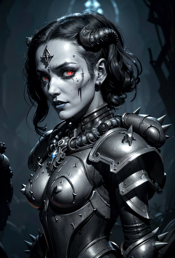 a gorgeous adepta sororitas from the movie tron, glowing skull armor, spikes, teeth, monster, dirty tentacles, pus pimples, cracked truenurgle, detailed face and eyes, beautiful lips, extremely detailed, 1girl, oil painting, concept art, dark fantasy, cinematic lighting, dramatic shadows, vibrant colors, moody atmosphere, hyper detailed, 8k, photorealistic
