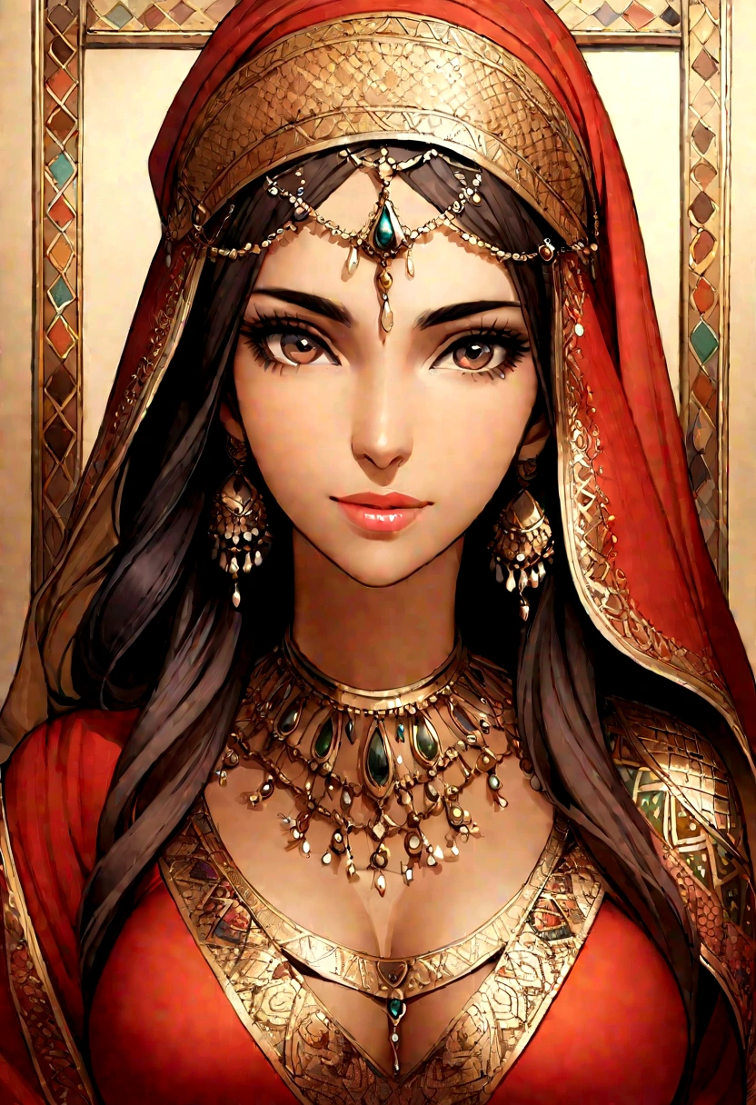 Arafed woman in a red and gold shawl and a red dress, middle eastern skin -  SeaArt AI